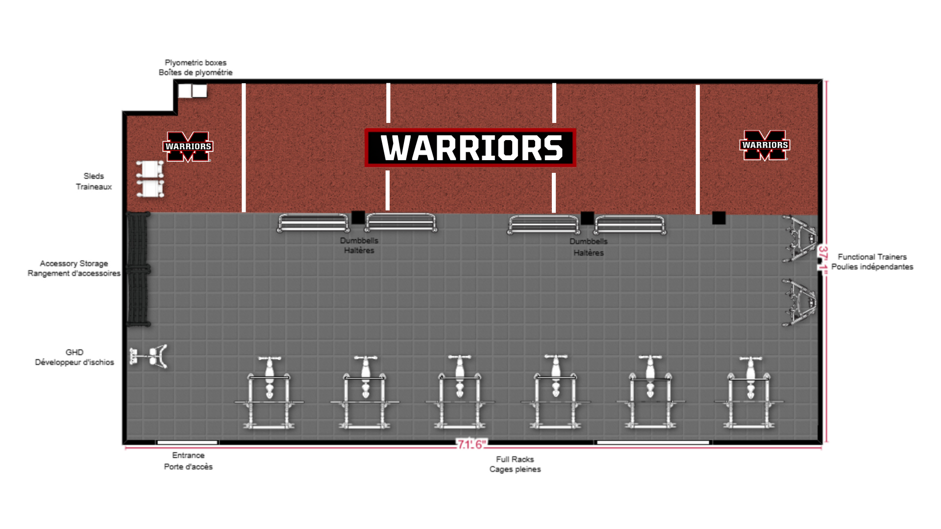 2,500 sq ft athletic training facility layout example