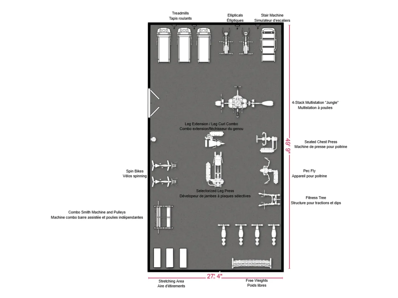 Exemple d'aménagement de gym corporatif 1 000 à 1 500 pi²
