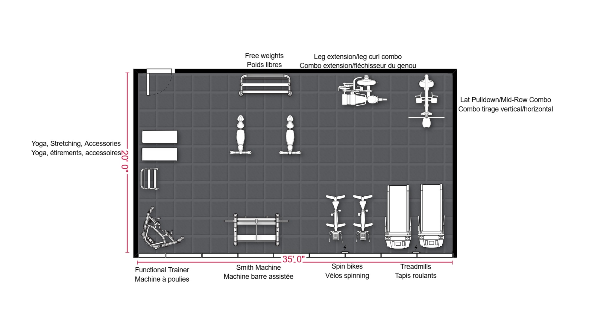 500 to 700 sq ft condo or hotel gym layout example
