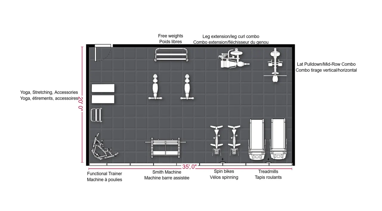 Exemple d'aménagement de gym 500 à 700 pi²