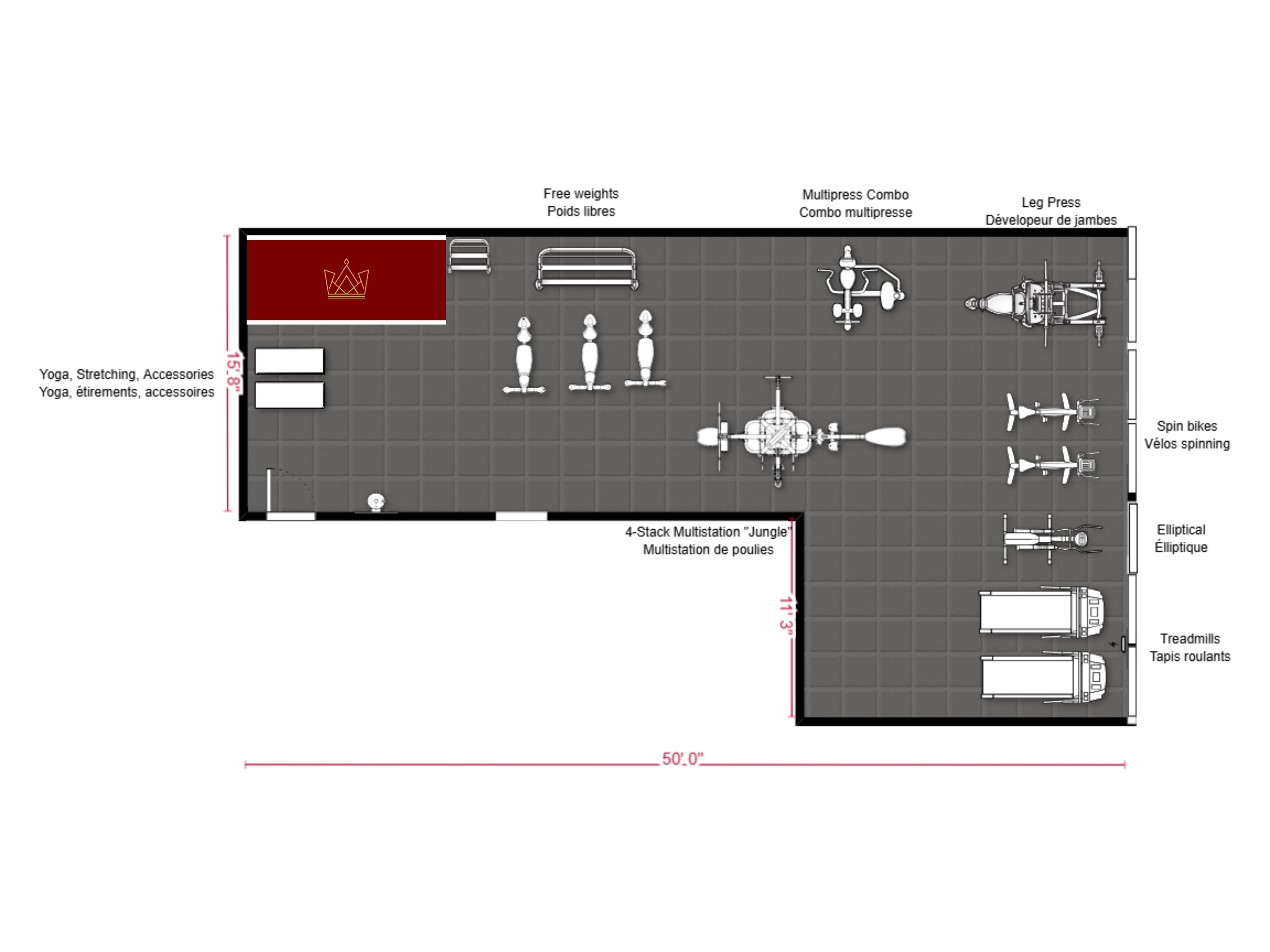 1,000 to 1,200 sq ft condo or hotel gym layout example