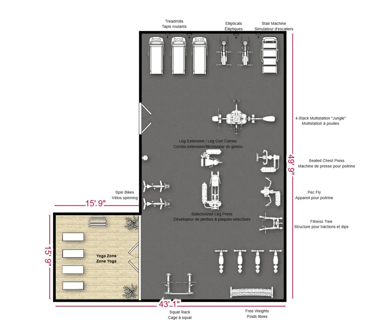 Exemple d'aménagement de gym 1 600+ pi²