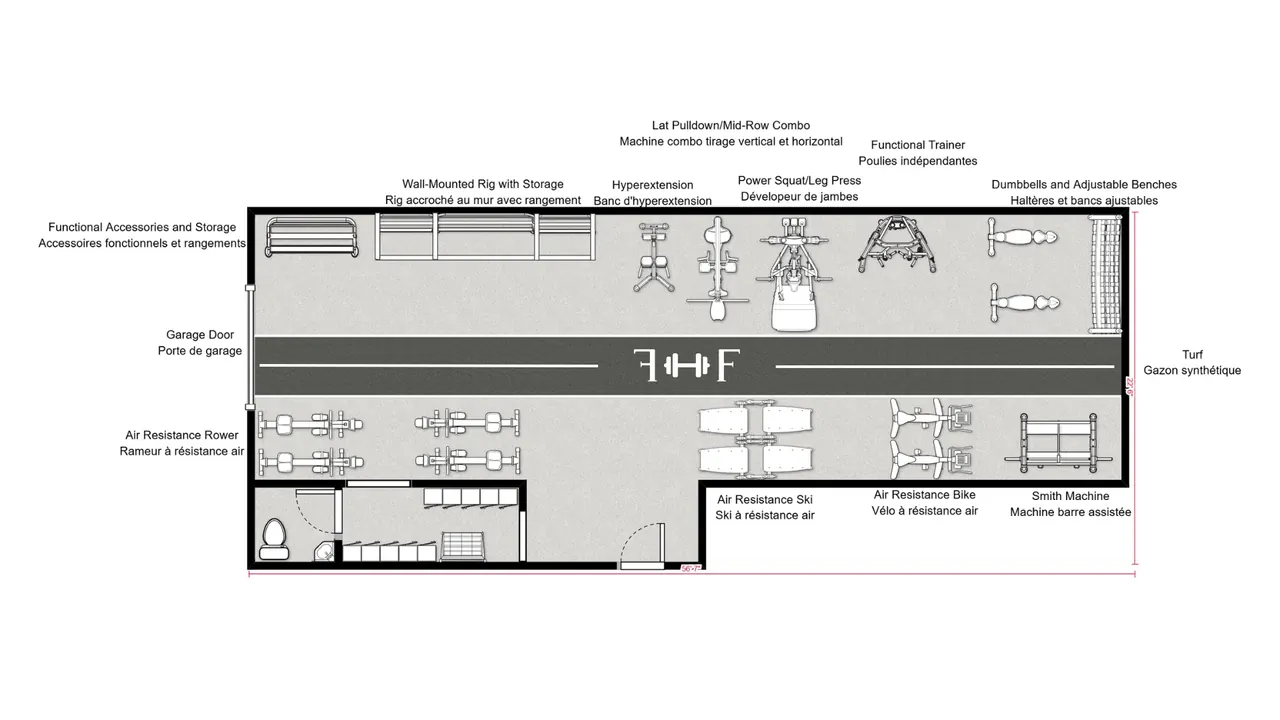 Exemple d'aménagement de gym boutique Hyrox 1 000 pi²