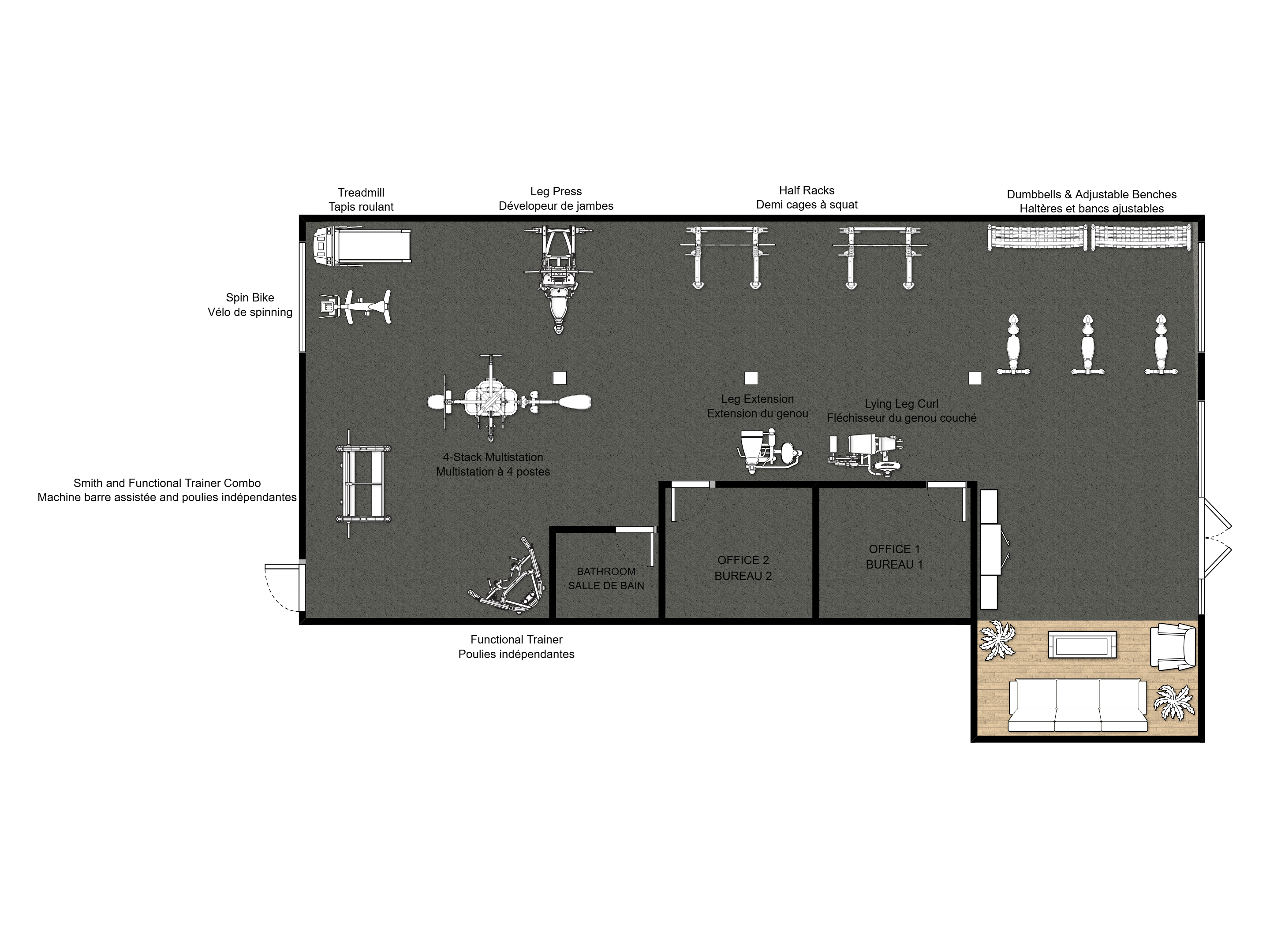 1,800 sq ft semi-private boutique gym layout example