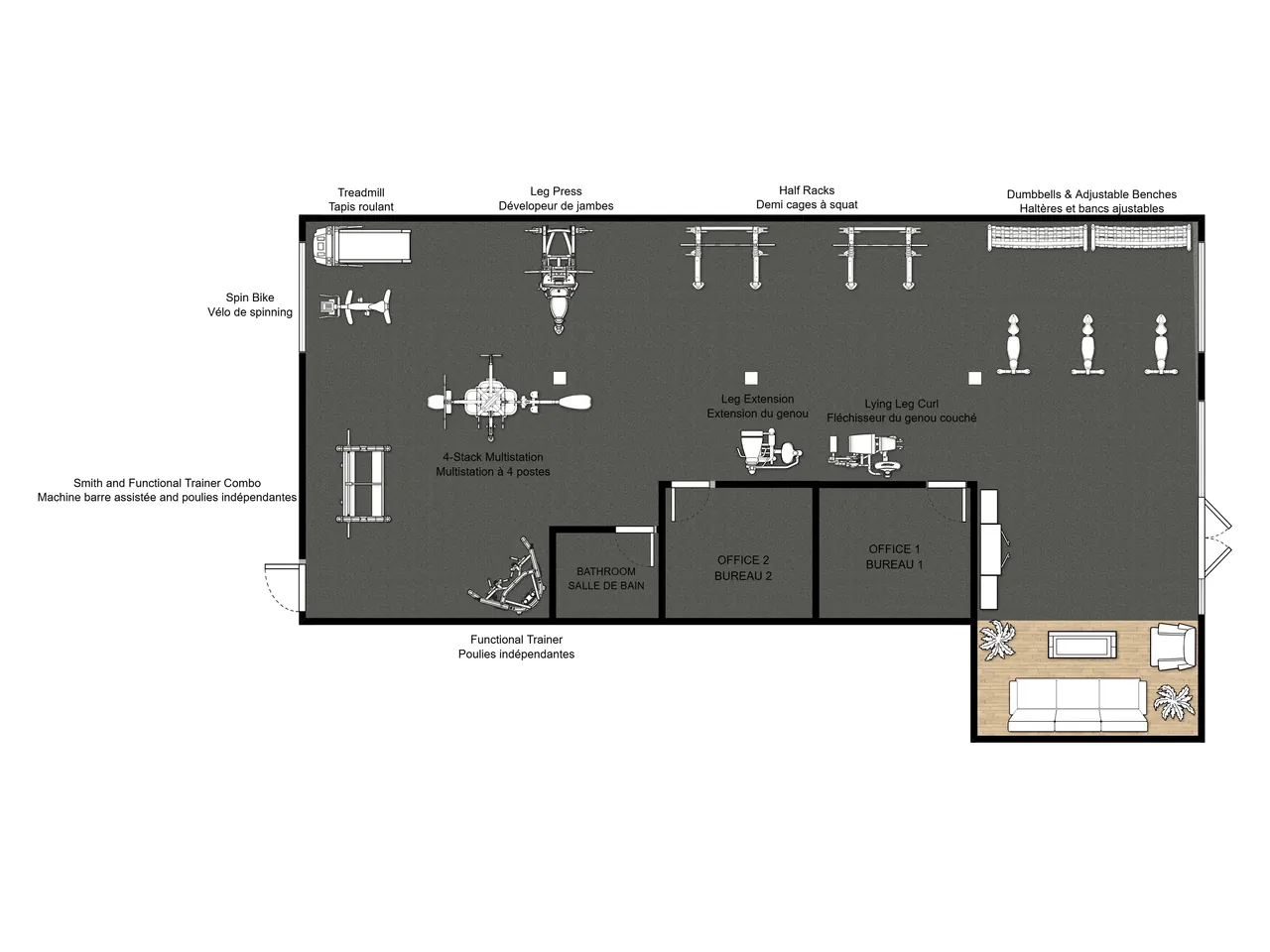 Exemple d'aménagement de gym semi-privé 1 800 pi²