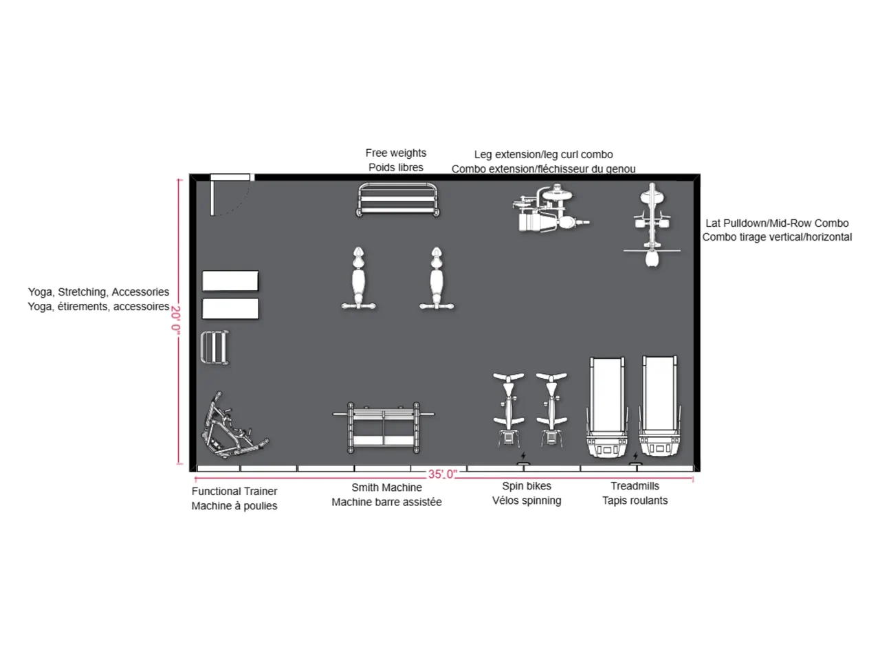 Exemple d'aménagement de gym corporatif 500 pi²